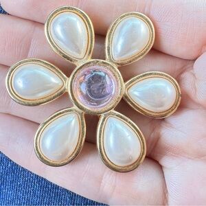 MONET pink cabochon and faux pearl brooch pin vintage resin with look of glass